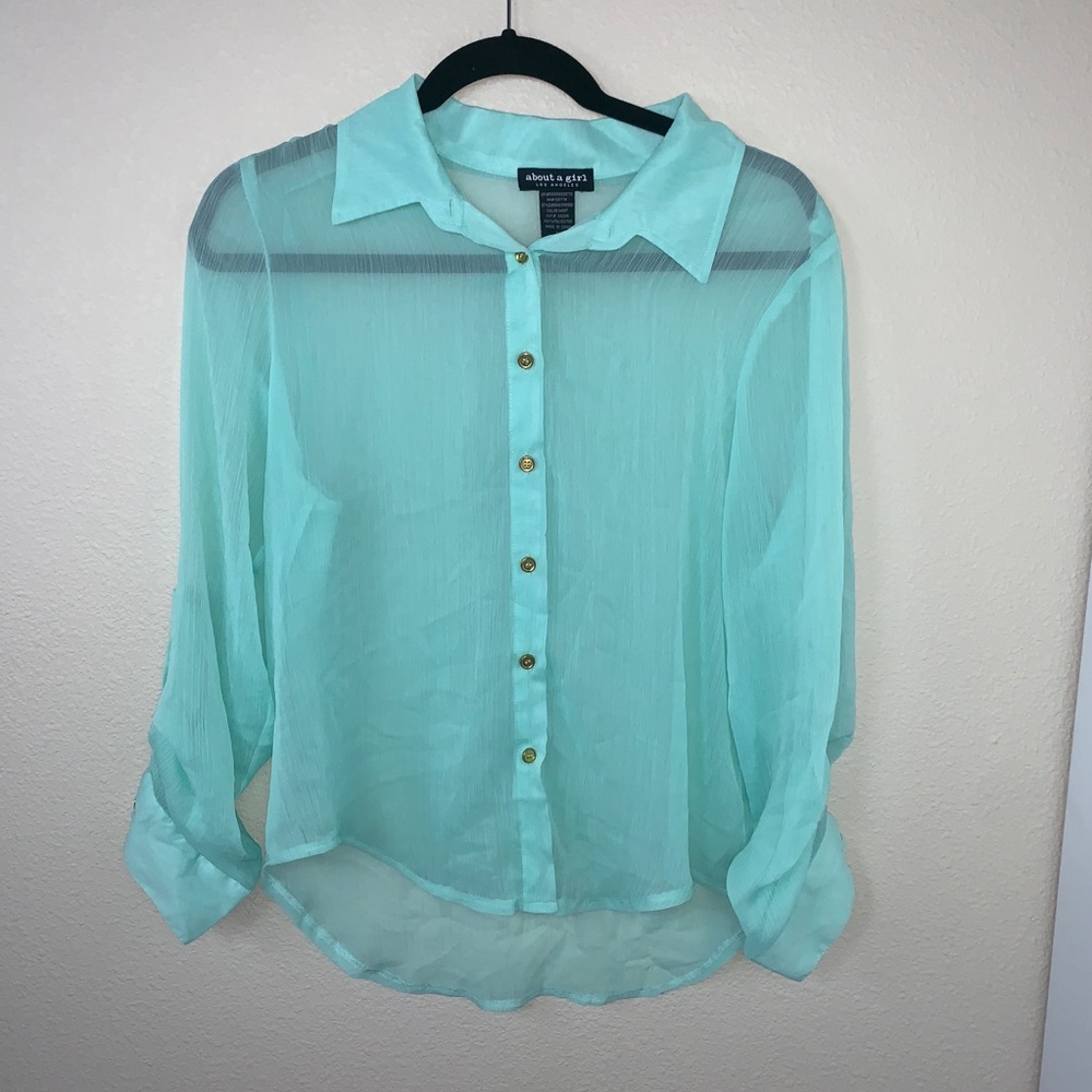 Mint Sheer Chiffon Button Up Blouse
